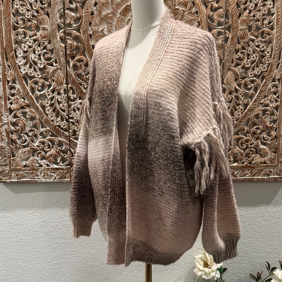 Frye and Co. Pink & Brown Ombre, Wool Blend, Cozy Knit Fringe Sweater Cardigan - Picture 5 of 14